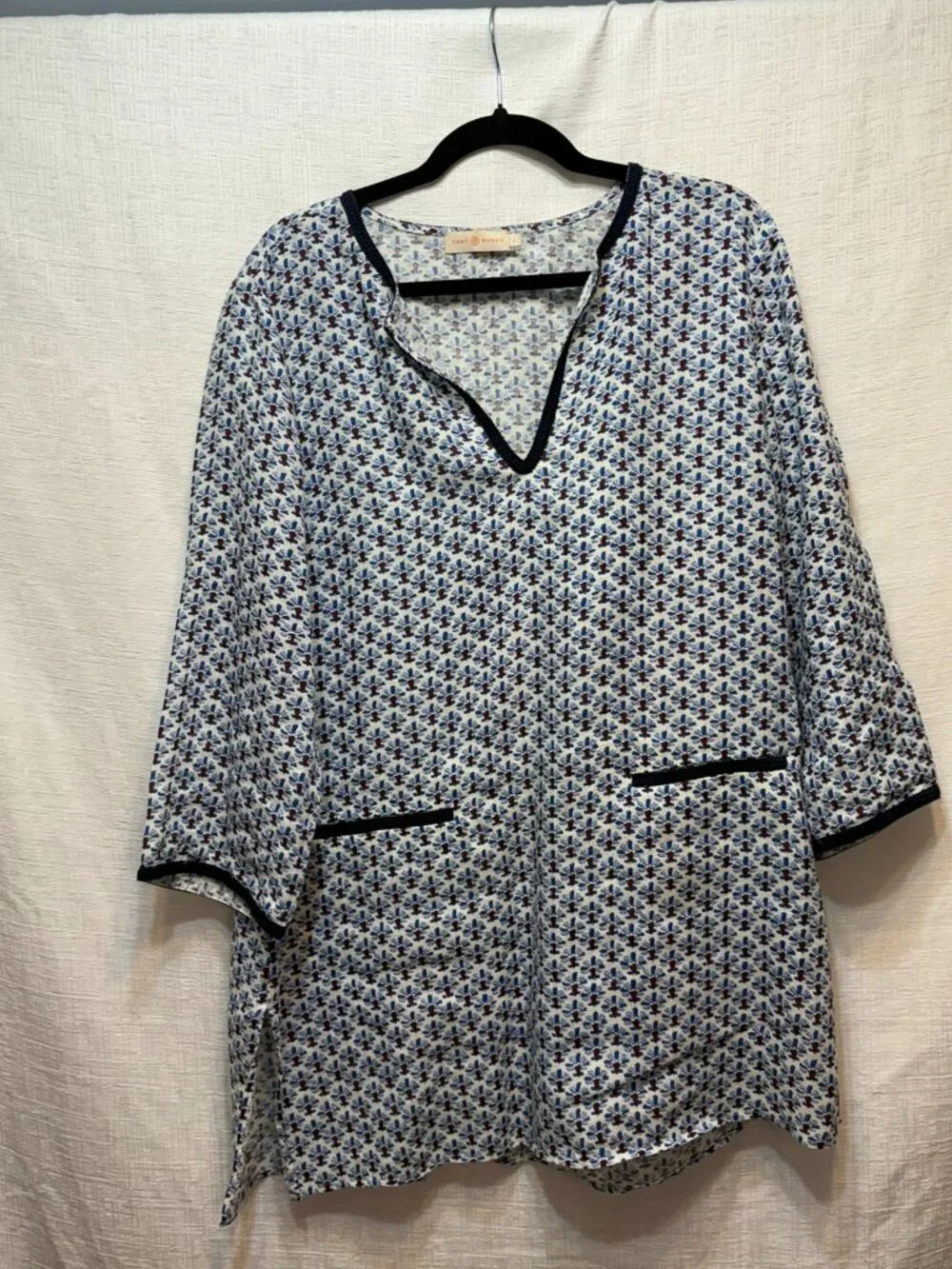 Tory Burch Blue Floral Geometric Print Split Neck Tunic Blouse Large